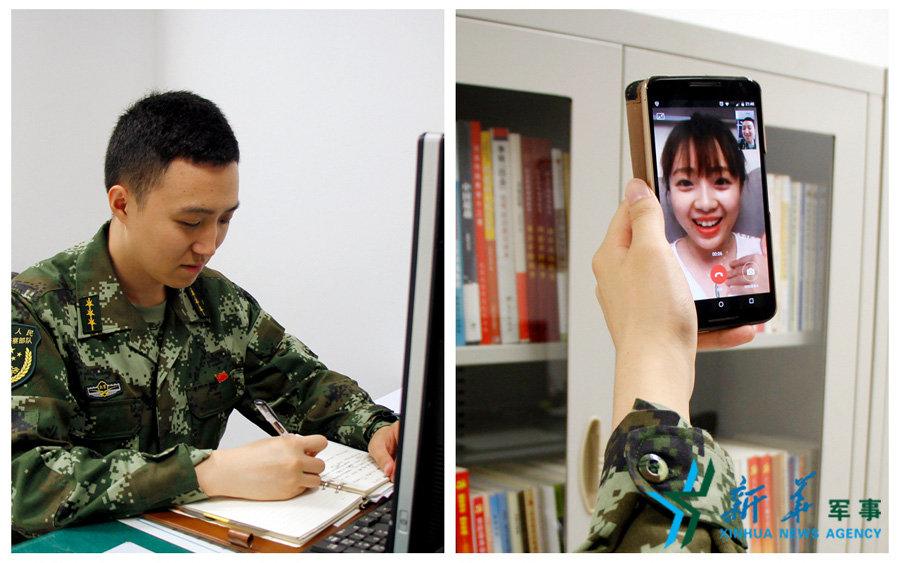 ↑陳德正，武警北京總隊七支隊某中隊指導員。七夕前夜堅守在值班崗位上的他，在結束值班后給妻子打了個視頻電話，通過網絡表達著對妻子的愛意。閆星辰 攝