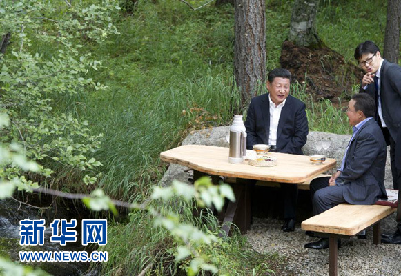8月22日，國家主席習近平同蒙古國總統額勒貝格道爾吉在烏蘭巴托市郊的總統官邸再次會晤。這是習近平同額勒貝格道爾吉會晤后在溪畔飲茶。新華社記者 黃敬文 攝